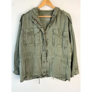 American Eagle Womens Utility Cargo Jacket L Olive Green Hooded Lyocell Grunge
